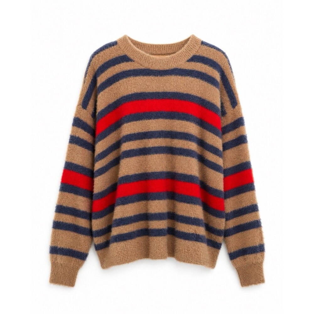 Aerie Women’s XS Fuzzy Striped Crewneck Sweater Brown Navy Red Soft Knitю